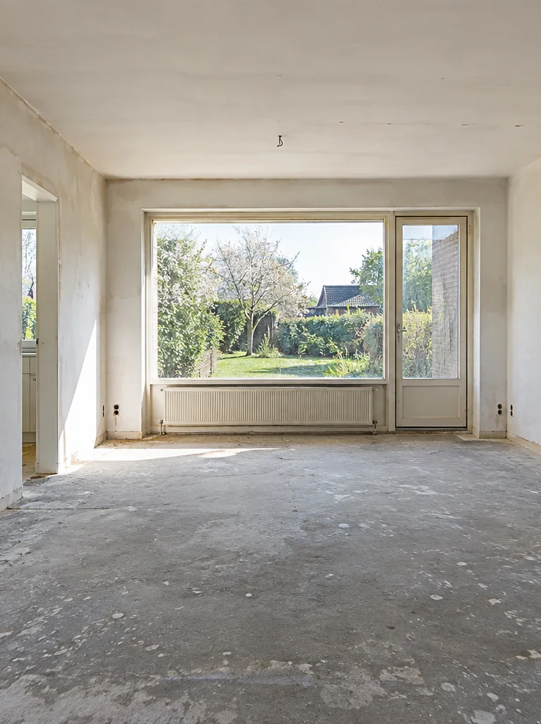 Stuen før renovering med betongulv og slidte vægge